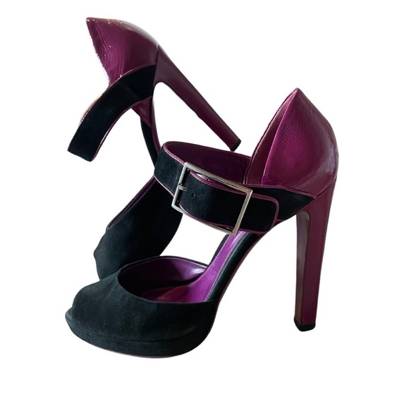 SERGIO Rossi Black Suede Purple Patent Leather Platform Pumps Sz